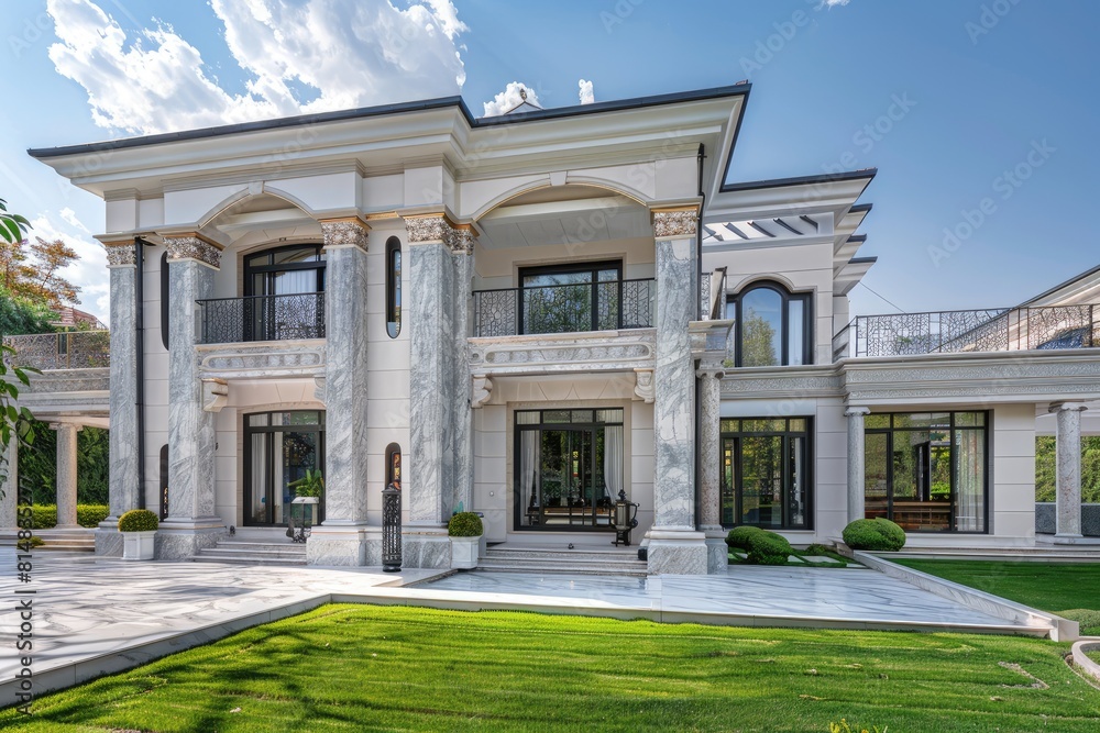 Luxury suburban villa--a luxurious villa with marble accents and a manicured lawn.