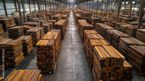 Dynamic angle of towering raw woods and timber piles inside a warehouse