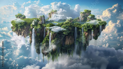 Surreal dreamscape of floating island paradise waterfalls and lush vegetation