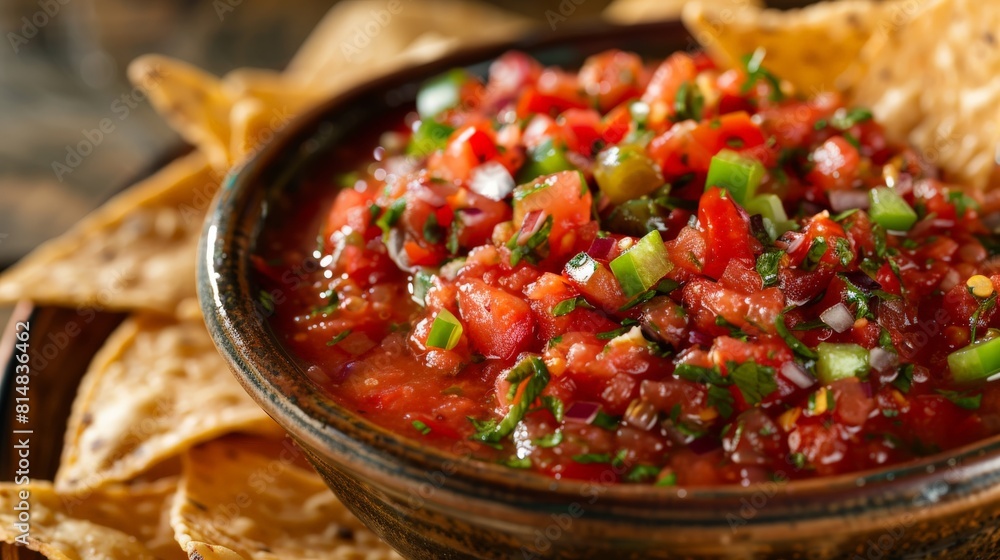 A bowl of spicy salsa with tortilla chips for dipping, a classic appetizer bursting with fresh flavors and heat. A bowl of spicy salsa with tortilla chips for dipping, a classic appetizer bursting with fresh flavors and heat.
