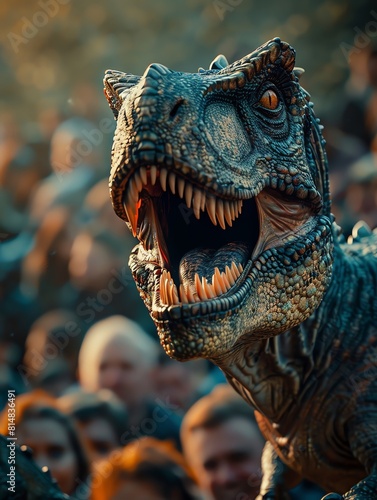 A realistic T-rex dinosaur is standing in the middle of a crowd of people. The T-rex is roaring and has its mouth wide open. The people are all looking at the T-rex in fear.