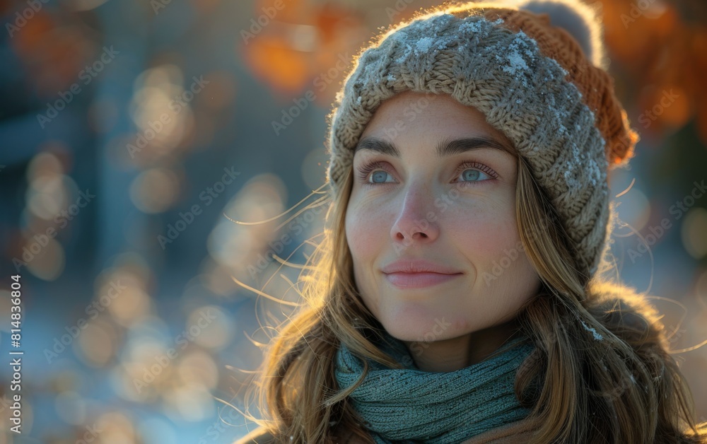 A woman wearing a hat and scarf is smiling. The hat is brown and white, and the scarf is green. The woman is looking at the camera, and the scene is set in a snowy environment A woman wearing a hat and scarf is smiling. The hat is brown and white, and the scarf is green. The woman is looking at the camera, and the scene is set in a snowy environment