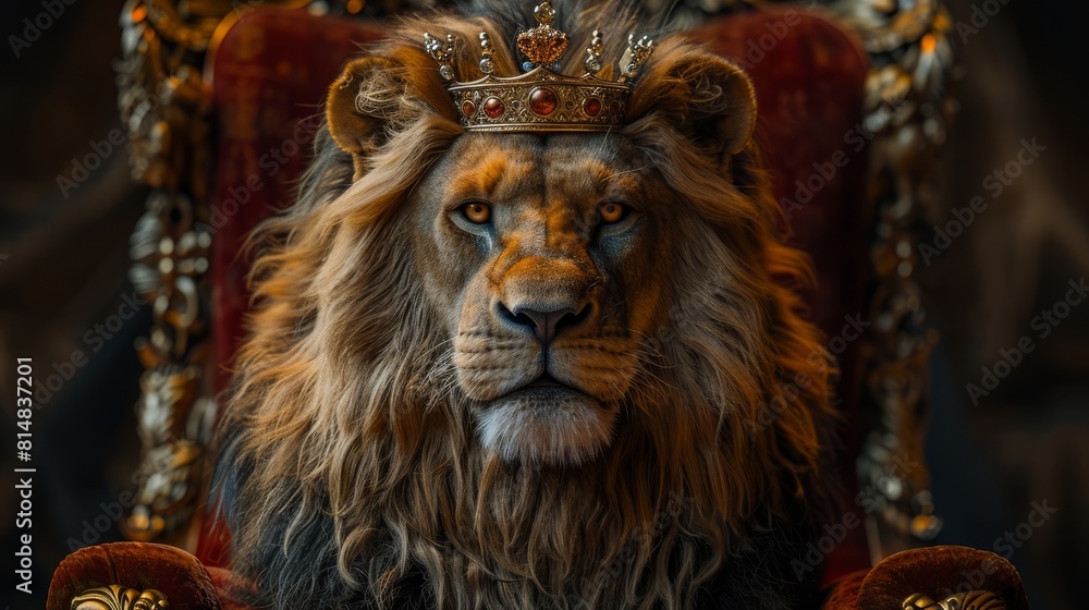 Majestic lion wearing an elegant crown on a royal throne Majestic lion wearing an elegant crown on a royal throne