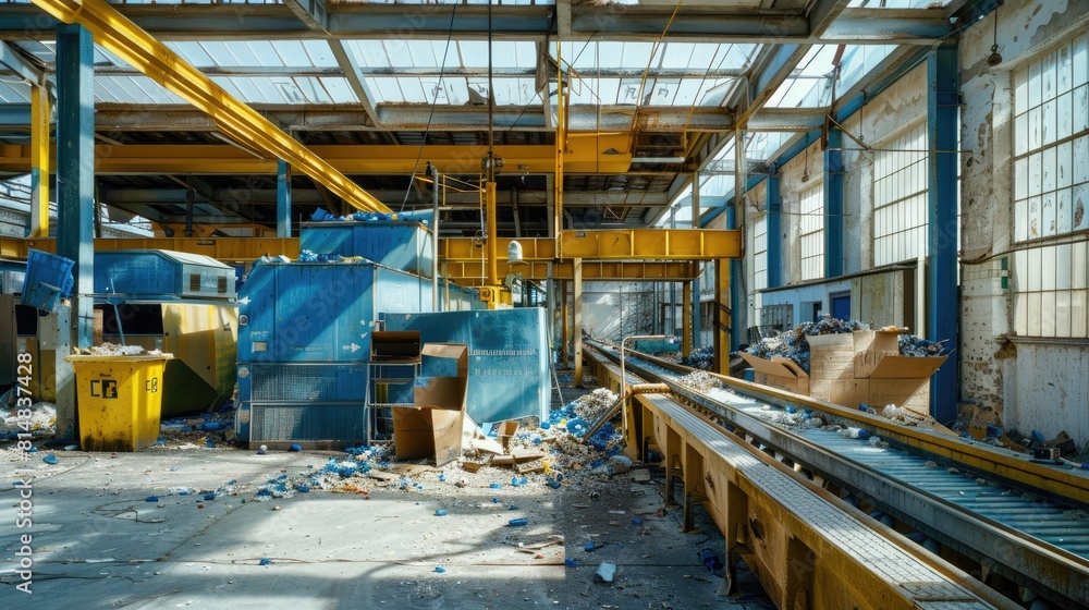 a waste treatment plant, showcasing a bustling glitch belt system for glass, metal, and paper recycling in an industrial setting, with a blue spiral conveyor line transporting plastic bottles.