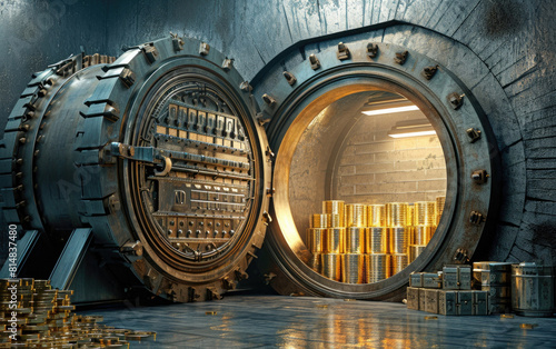 Open bank vault with golden walls and gold stacks. photo