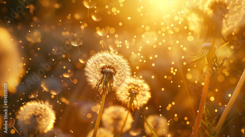 Dandelion flowers and seeds blowing in the wind with sunlight shining through  creating an enchanting spring scene in the style of nature.