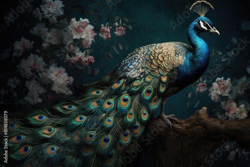 Colorful Peacock in fairy tale garden with flowers, Art Painting, Bohemian background