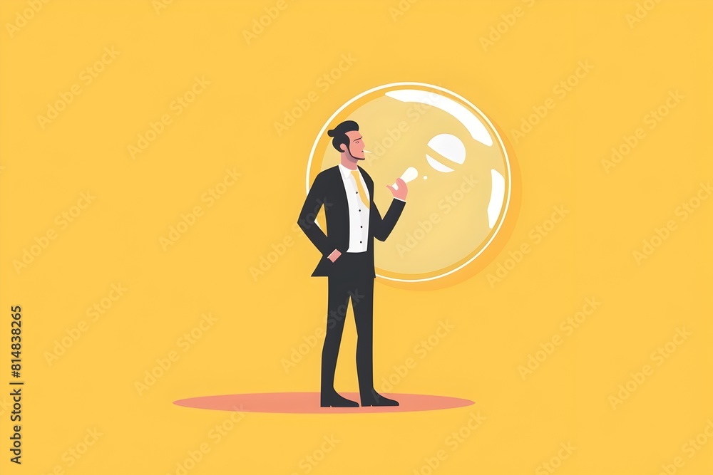 Businessman Standing Inside a Transparent Bubble Contemplating New Ideas and Opportunities for Business Growth and Success Businessman Standing Inside a Transparent Bubble Contemplating New Ideas and Opportunities for Business Growth and Success