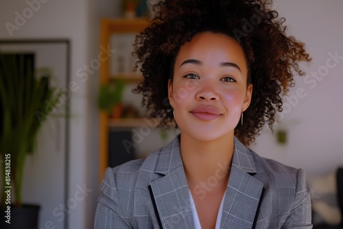 Professional Mixed Race Woman in Business Attire on Virtual Meeting