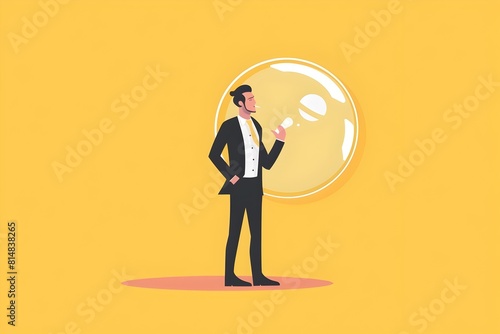 Businessman Standing Inside a Transparent Bubble Contemplating New Ideas and Opportunities for Business Growth and Success