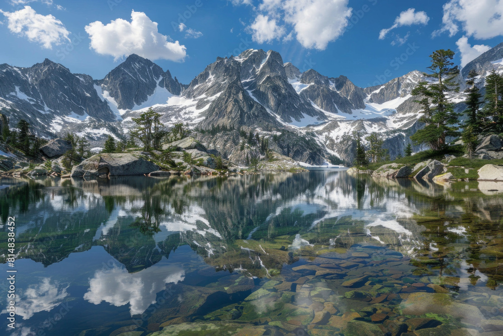 A majestic vista of snow-capped mountains mirrored in the crystal-clear waters of a serene alpine lake, surrounded by towering pine trees and rugged wilderness. A majestic vista of snow-capped mountains mirrored in the crystal-clear waters of a serene alpine lake, surrounded by towering pine trees and rugged wilderness.