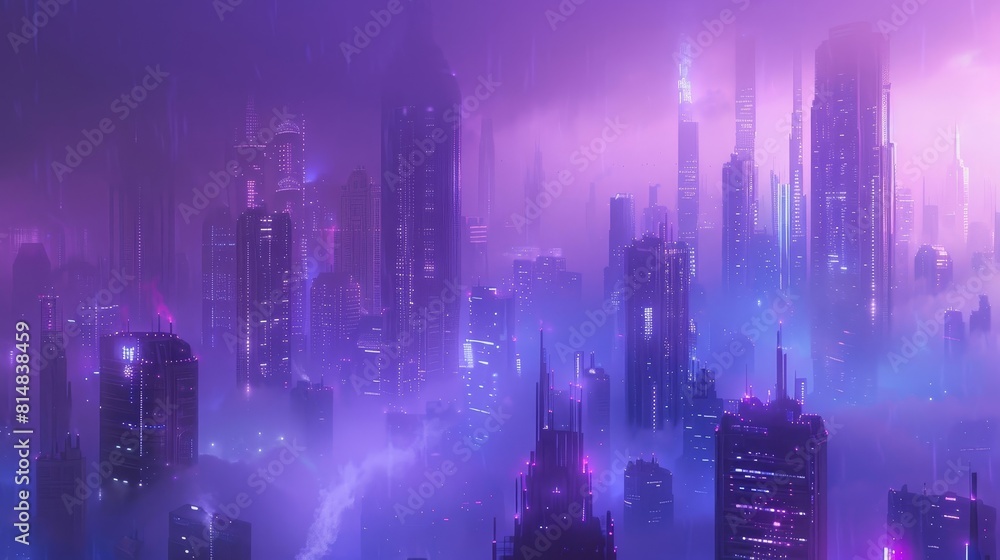 Futuristic cityscape in neon purple and electric blue