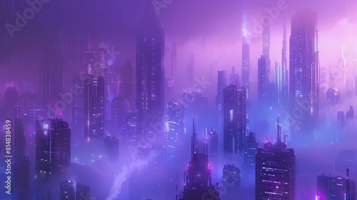 Futuristic cityscape in neon purple and electric blue