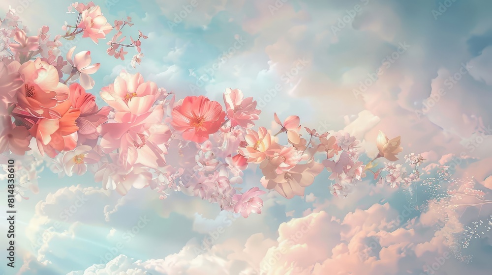 Whimsical blooms on billowing clouds evoke tranquility and romance Whimsical blooms on billowing clouds evoke tranquility and romance