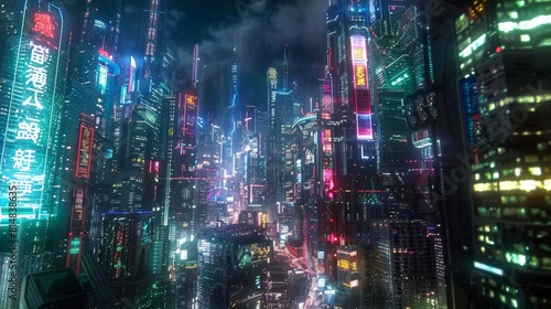 A bustling futuristic metropolis lit by neon billboards
