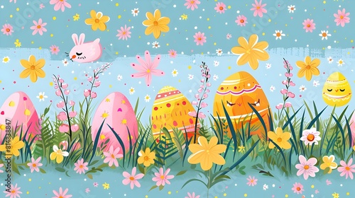 Cheerful Easter Landscape with Colorful Eggs Flowers and Bunnies in Springtime Meadow