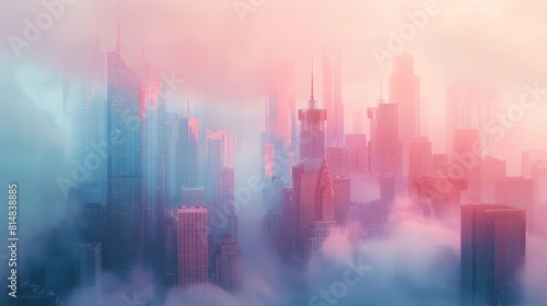 Surreal cityscape enveloped in mist