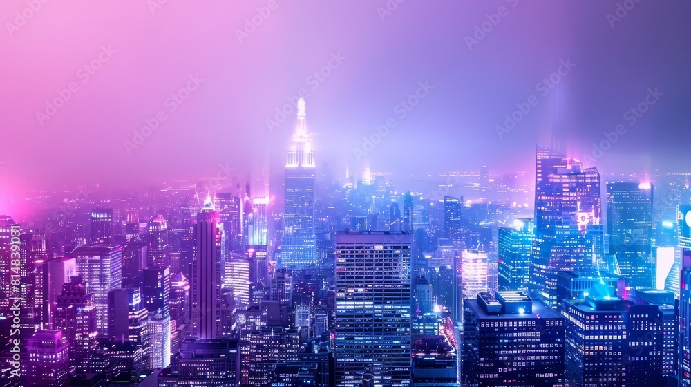 Metropolis skyline with cyberpunk neon hues