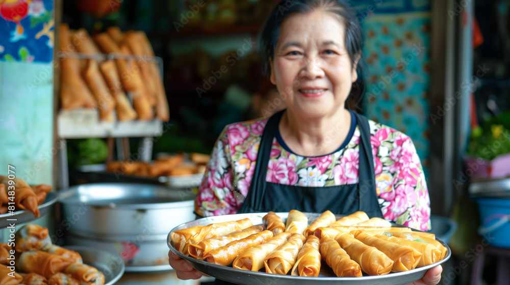 Chinese woman smiling as she holds a plate of crispy spring rolls, the golden brown wrappers filled with a delicious mix of vegetables and meat Chinese woman smiling as she holds a plate of crispy spring rolls, the golden brown wrappers filled with a delicious mix of vegetables and meat