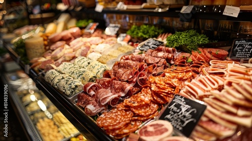 A variety of cured meats and sausages are on display at a deli counter.