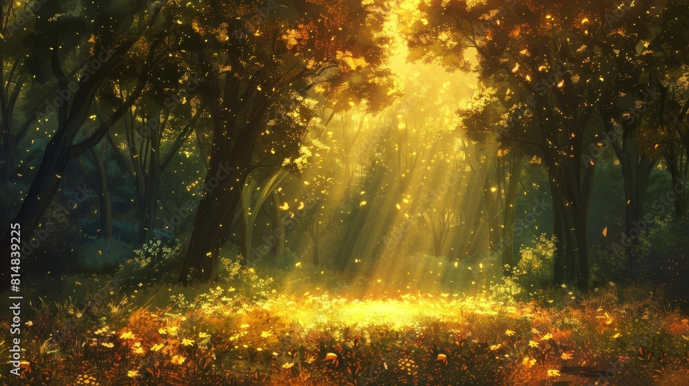 Mystical forest glade in golden sunlight with lush leaves