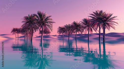 Surreal desert oasis with palm trees by tranquil pool