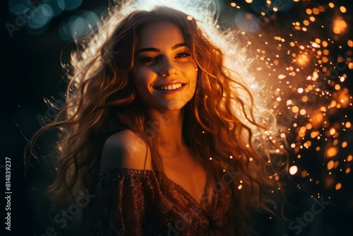 Captivating woman smiles warmly amidst a magical swirl of sparkling lights at night