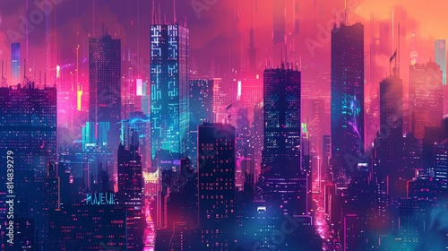 Futuristic cyberpunk cityscape with vibrant neon hues