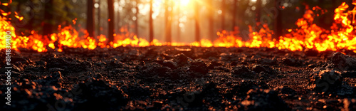 Fire burns through a forest, leaving a charred landscape behind