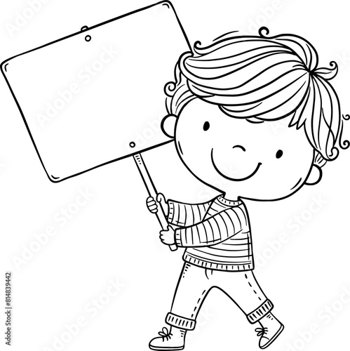 Cute cartoon boy holding blank sign. Isolated outline illustration of child with placard with copy space