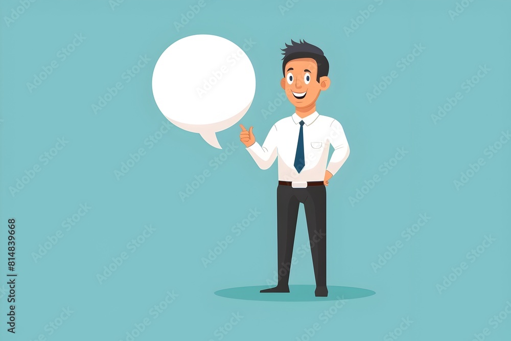 Confident Corporate Professional Gesturing with Speech Bubble in Office Setting Confident Corporate Professional Gesturing with Speech Bubble in Office Setting