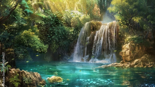 Mythical waterfall merging into emerald pools lit by golden sunlight beams