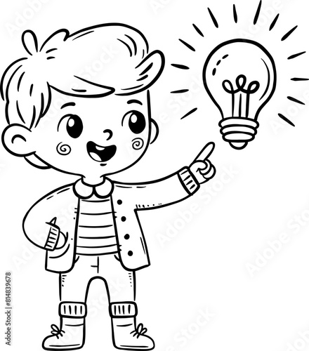 Cartoon child with bulb. Isolated outline illustration of concept, idea or solution
