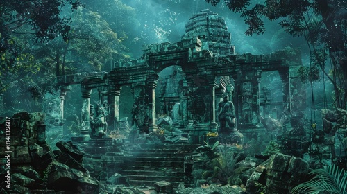 Ancient ruin in dense jungle deep emerald and mossy green hues merge into shadows