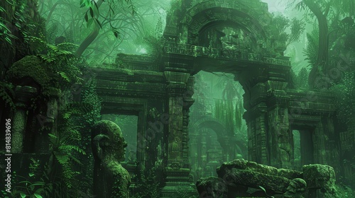 Mysterious ruin in dense jungle deep emerald and mossy green merge into shadows