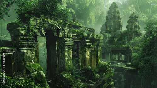 Forgotten ruin in jungle deep emerald and mossy green meld into shadows photo