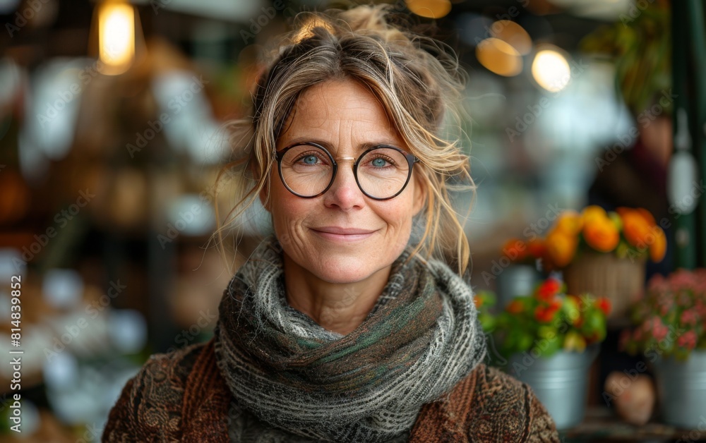 A woman with glasses and a scarf is smiling. She is standing in front of a flower shop A woman with glasses and a scarf is smiling. She is standing in front of a flower shop