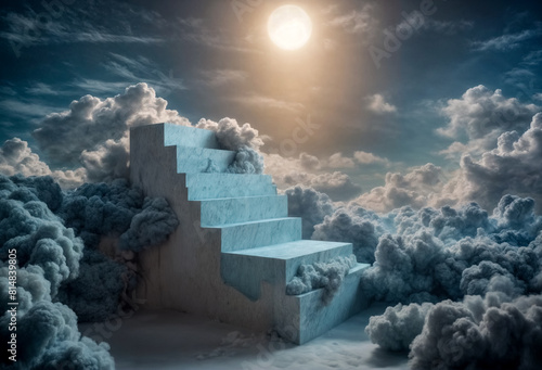 Podio a scalini avvolto tra le nuvole Celeste- Presentazione 3D  photo