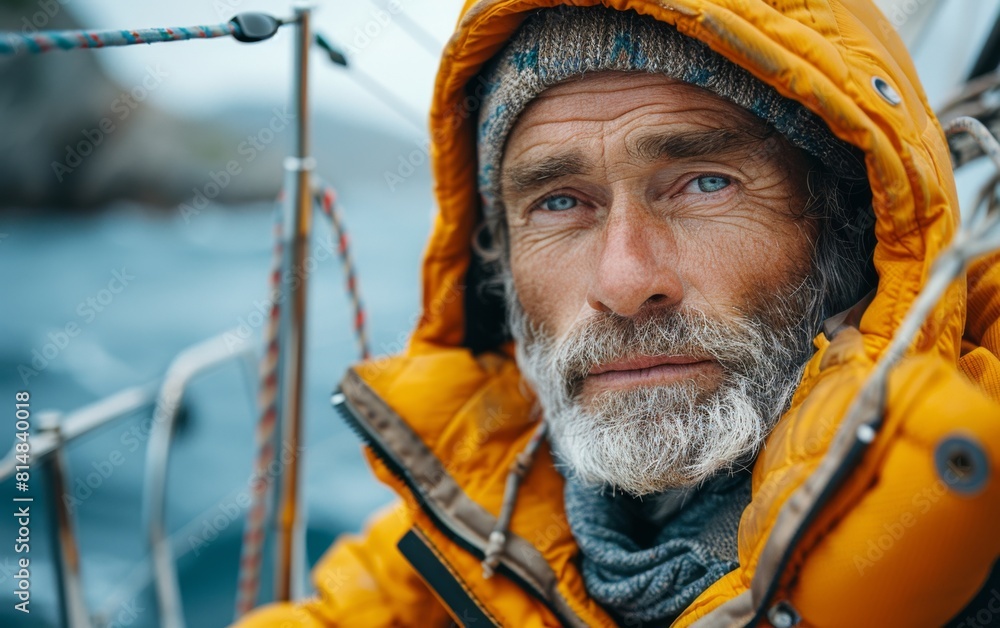 Obraz premium A man in a yellow jacket with a blue hat and beard. He is looking at the camera