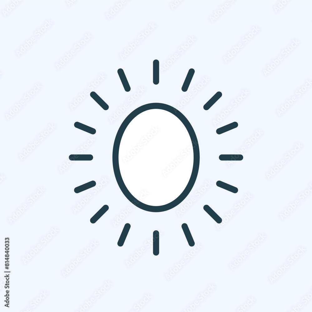 Sun icon in a minimalist linear style. Editable stroke. Flat pictogram in an oval shape. For web design, weather forecast mobile app, sunscreen cosmetics. Isolated vector illustration