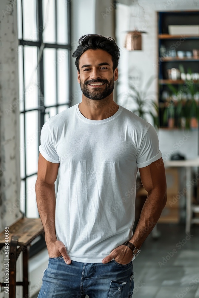 Smiling Young Bearded Muscular Man in White T-Shirt Standing Indoors, Mockup Smiling Young Bearded Muscular Man in White T-Shirt Standing Indoors, Mockup