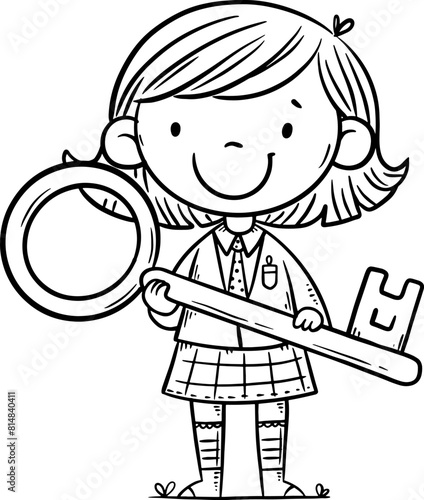 Cute cartoon girl holding key. Isolated outline illustration of child with key
