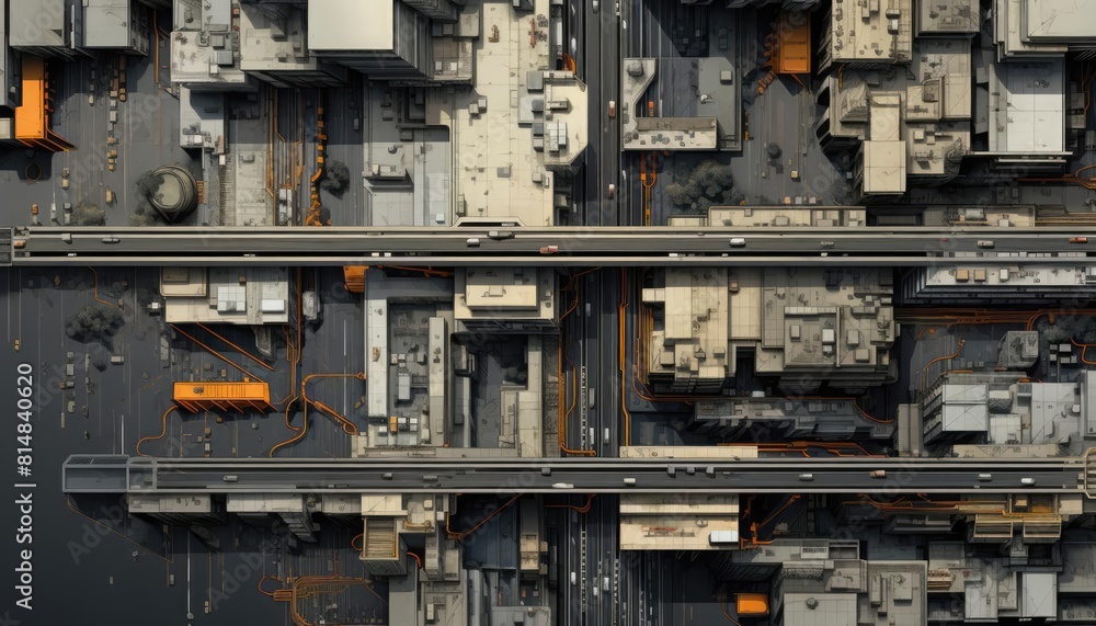 Fototapeta premium Show a top view of a city Describe urban planning Technology tone Monochromatic Color Scheme
