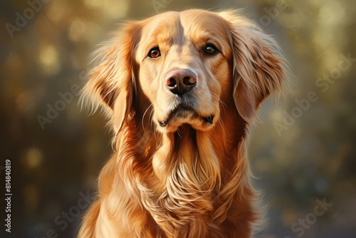 Close-up of a golden retriever with a warm bokeh background highlighting its fur © juliars