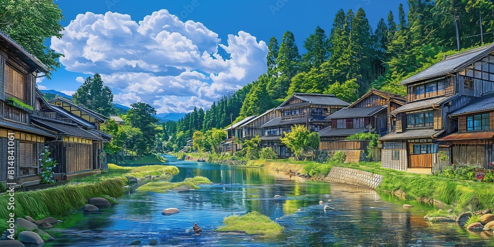 Fototapeta premium beautiful Japan rural village beside river in sunny day, anime illustration scenery landscape 