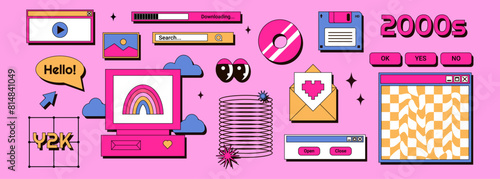 2000s retro element vector set. Groovy computer, disk, window, rainbow and more. Vector illustration in 90s, 00s, y2k style