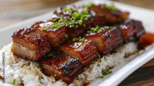 plate of caramelized pork belly with rice, the sweet and savory sauce coating each tender bite for a flavor explosion. photo