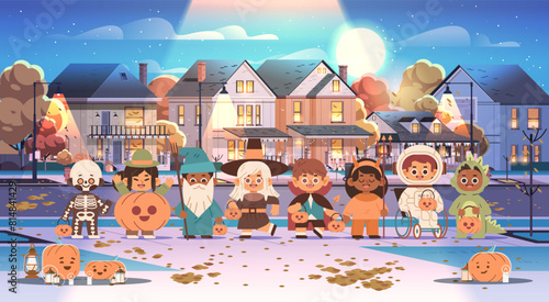 Children in cute Halloween costumes on the night street. Cartoon vector illustration