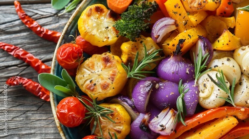 A plate of roasted vegetables seasoned with herbs and spices, offering a tasty and satisfying option for clean eating enthusiasts.