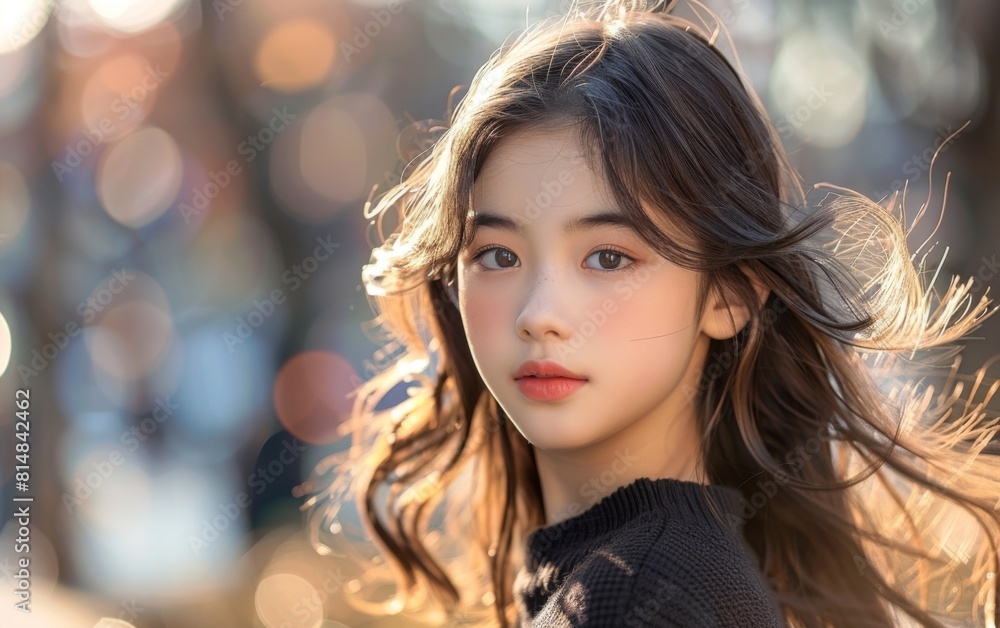 A young girl with long hair and a black sweater is standing in front of a blurry background. She has a red lipstick on her lips and a smile on her face A young girl with long hair and a black sweater is standing in front of a blurry background. She has a red lipstick on her lips and a smile on her face